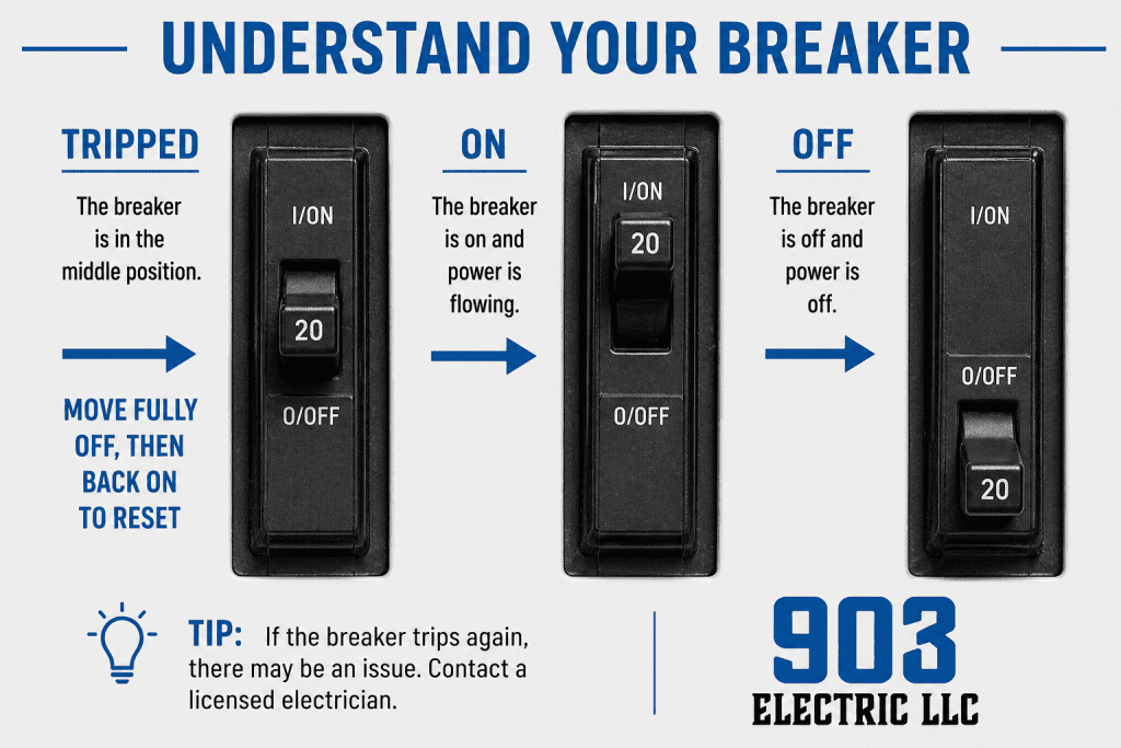 A photo demonstration of an electrical breaker that is on, off, and tripped from the company 903 Electric LLC in Paris, TX

